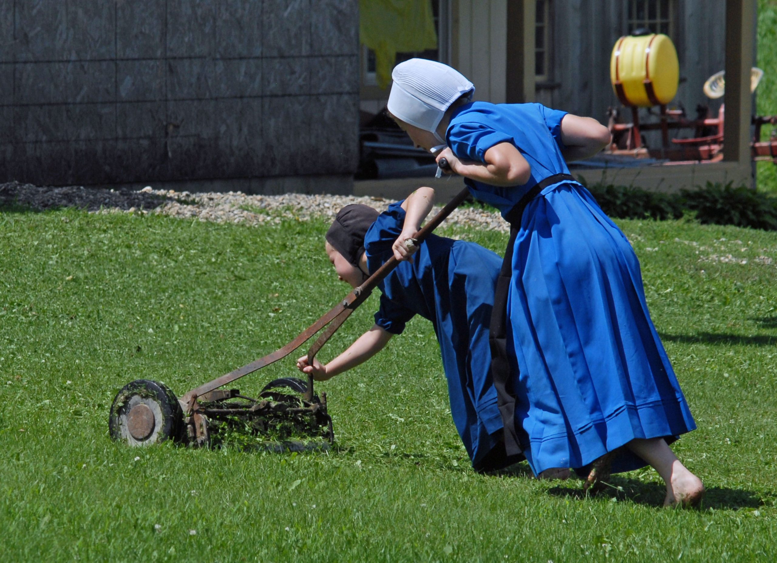 Des femmes Amish tondent ensemble une pelouse à l'aide d'une tondeuse manuelle à cylindre, profitant de la vie rurale.